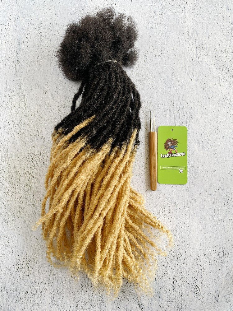 Ombre curly Anwi textured human hair loc extensions with T1B/27 honey blonde tips