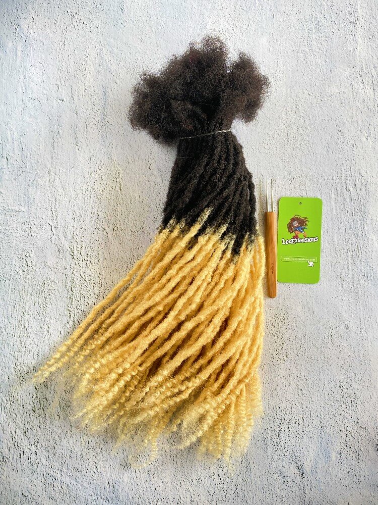 Curly Anwi textured human hair loc extensions with T1B/613 blonde tips