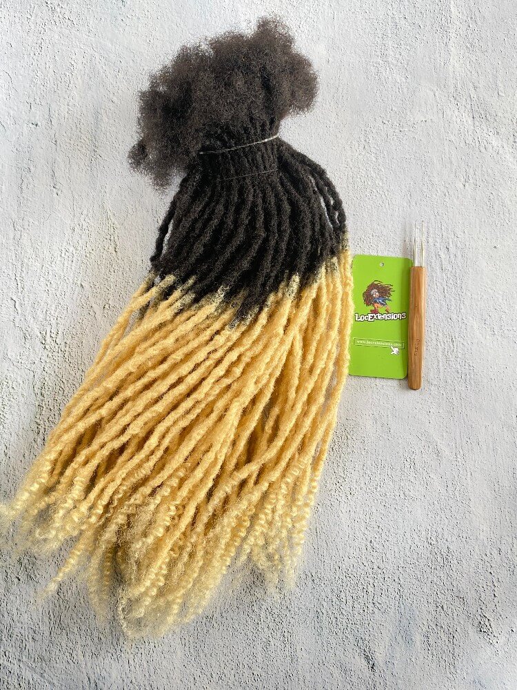 Curly Anwi textured human hair loc extensions with T1B/613 blonde tips