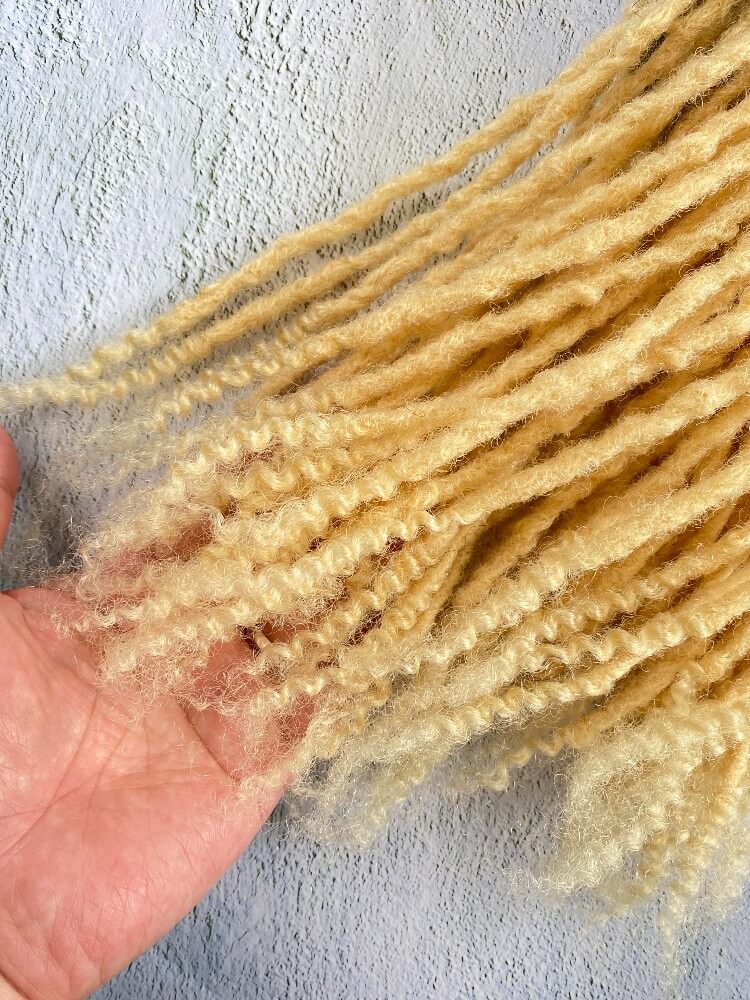 Curly Anwi textured human hair loc extensions with T1B/613 blonde tips