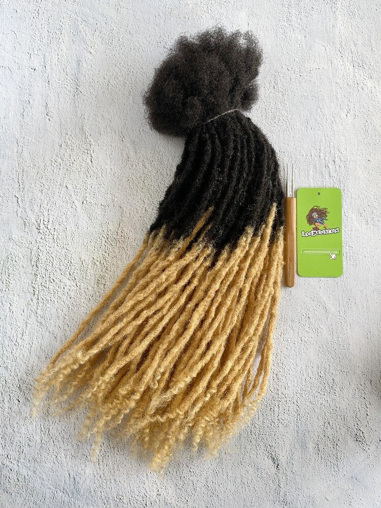 Ombre curly Anwi textured human hair loc extensions with T1B/27 honey blonde tips