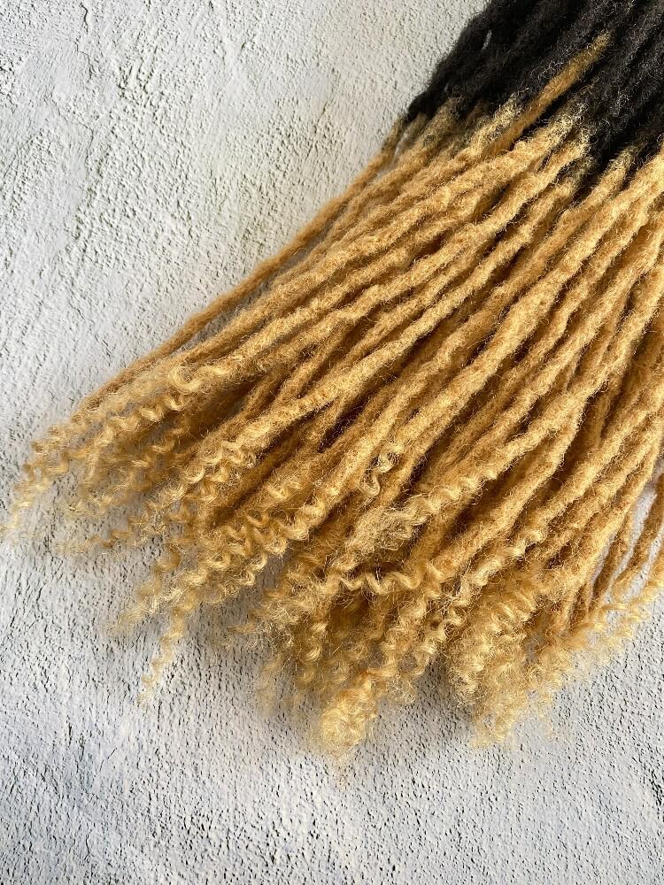 Ombre curly Anwi textured human hair loc extensions with T1B/27 honey blonde tips