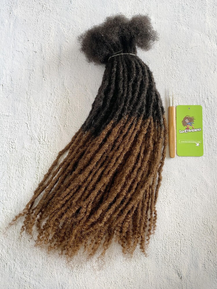 Ombre curly Anwi textured human hair loc extensions with T1B/4 medium brown tips