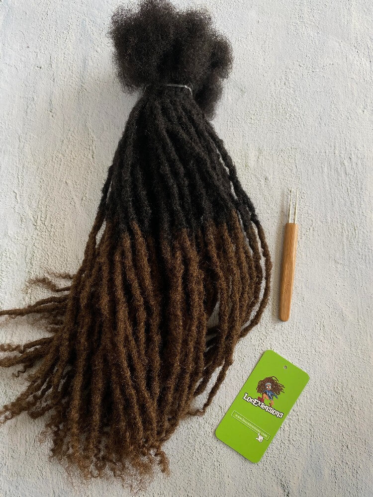 Ombre curly Anwi textured human hair loc extensions with T1B/4 medium brown tips