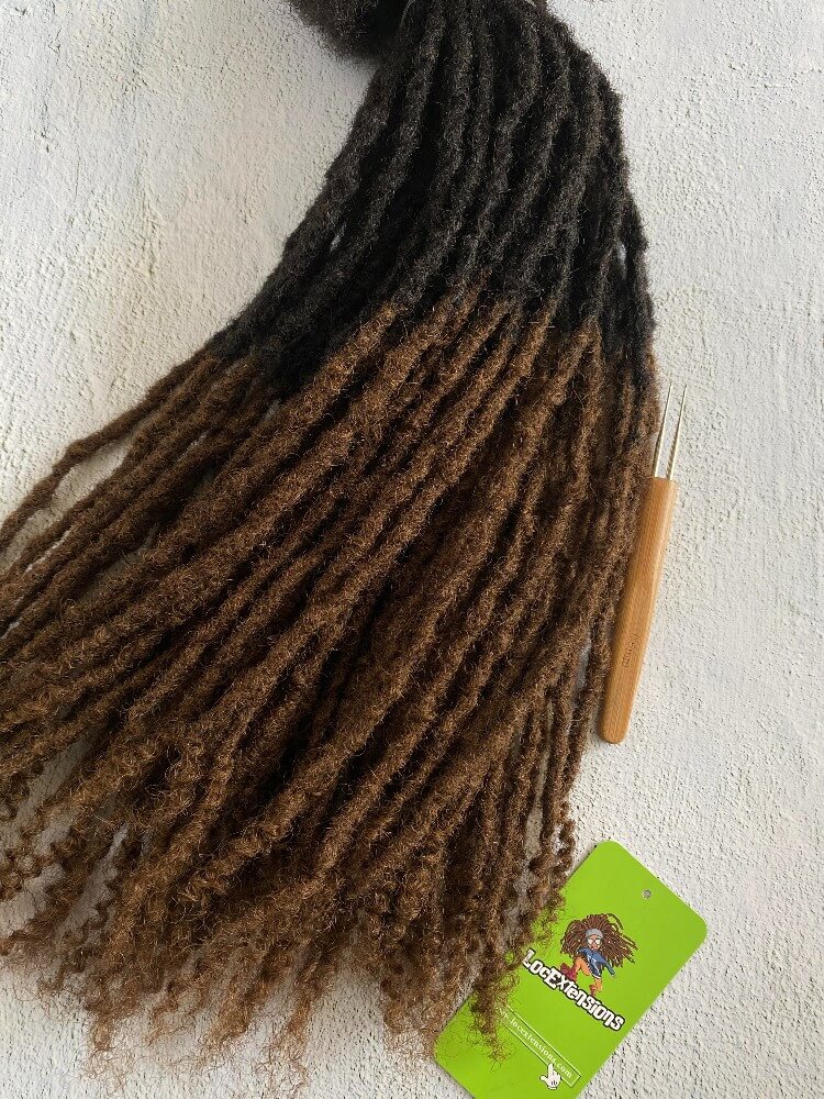 Ombre curly Anwi textured human hair loc extensions with T1B/4 medium brown tips