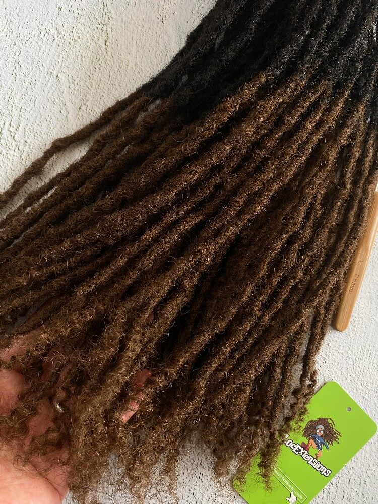 Ombre curly Anwi textured human hair loc extensions with T1B/4 medium brown tips